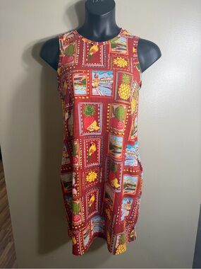 St. John’s Bay Rust Tropical Postcard Print Sleeveless Shift Dress Small